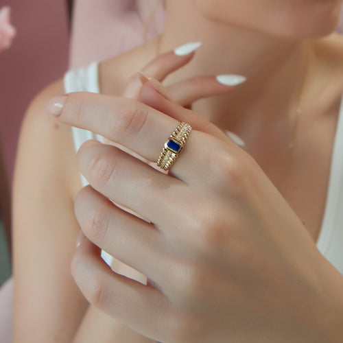 Textured 14K Gold Ring with Sapphire & Diamond Accents