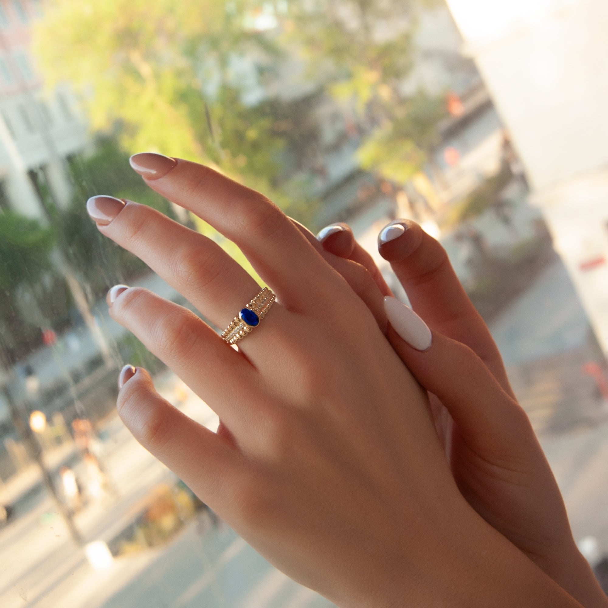 14K Gold Natural Sapphire Beaded Ring