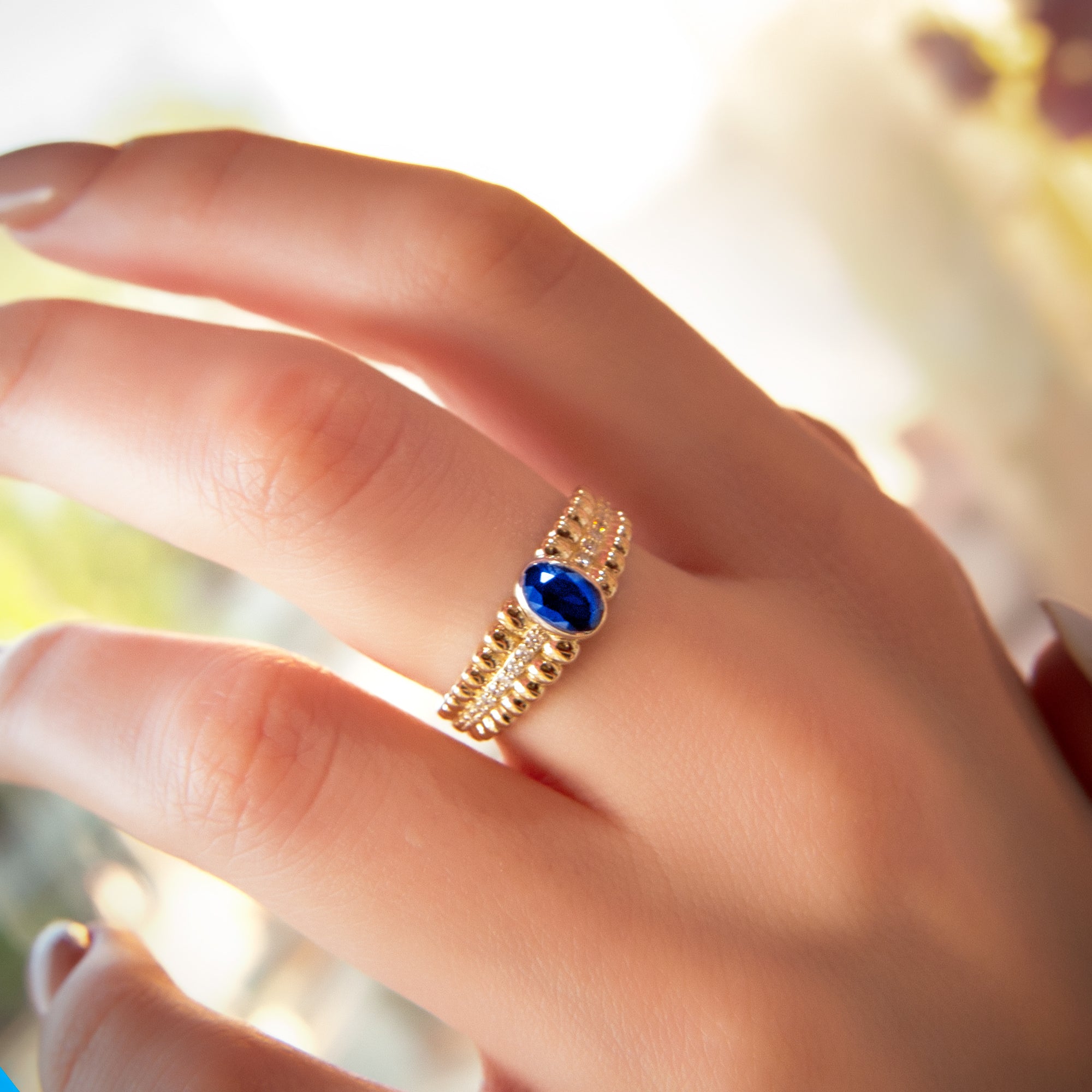 14K Gold Natural Sapphire Beaded Ring