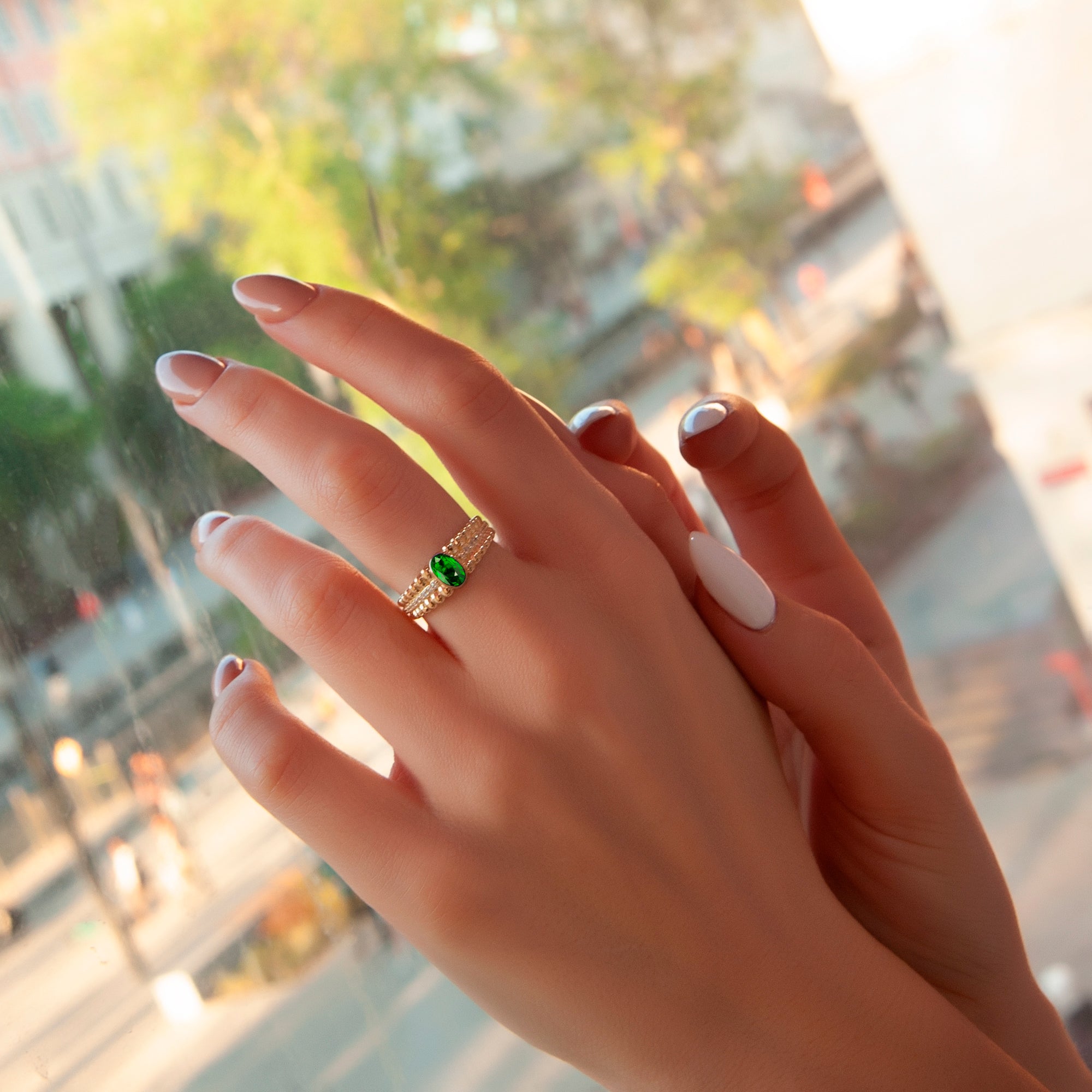 14K Gold Oval Emerald Ring, Dainty Emerald Ring