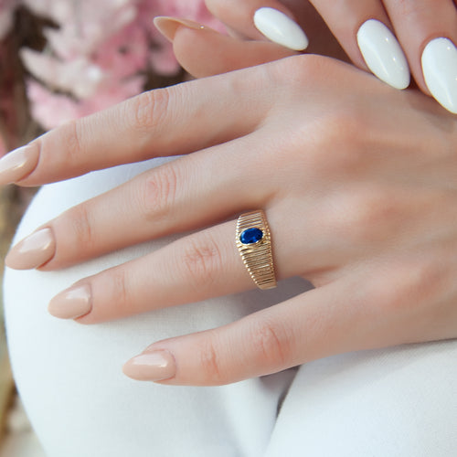 14K Solid Gold Ring with Oval Cut Blue Sapphire