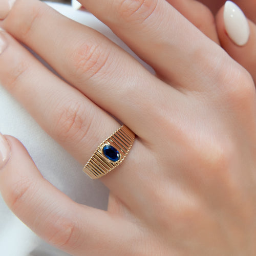 14K Solid Gold Ring with Oval Cut Blue Sapphire