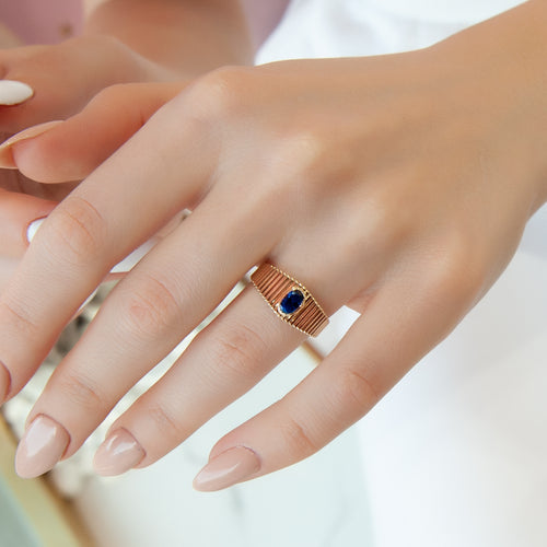 14K Solid Gold Ring with Oval Cut Blue Sapphire