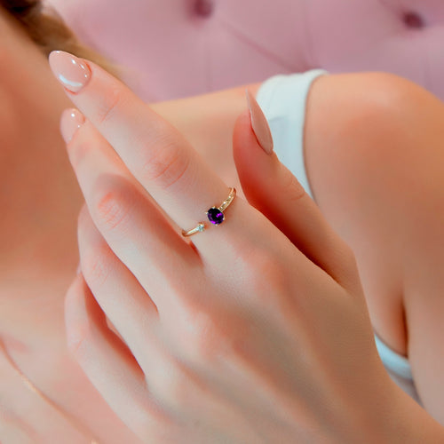 Minimalist 14K Gold Ring with Oval Purple Amethyst and Sparkling Diamond Accent