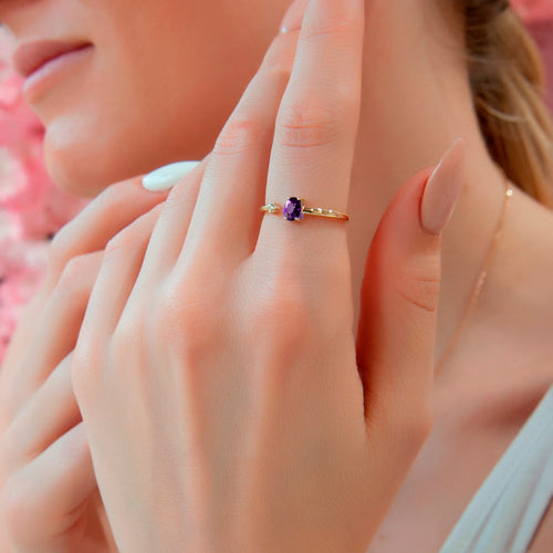 Minimalist 14K Gold Ring with Oval Purple Amethyst and Sparkling Diamond Accent