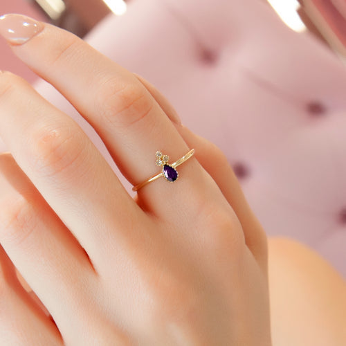 Elegant 14K Gold Ring with Amethyst Teardrop & Diamond Cluster