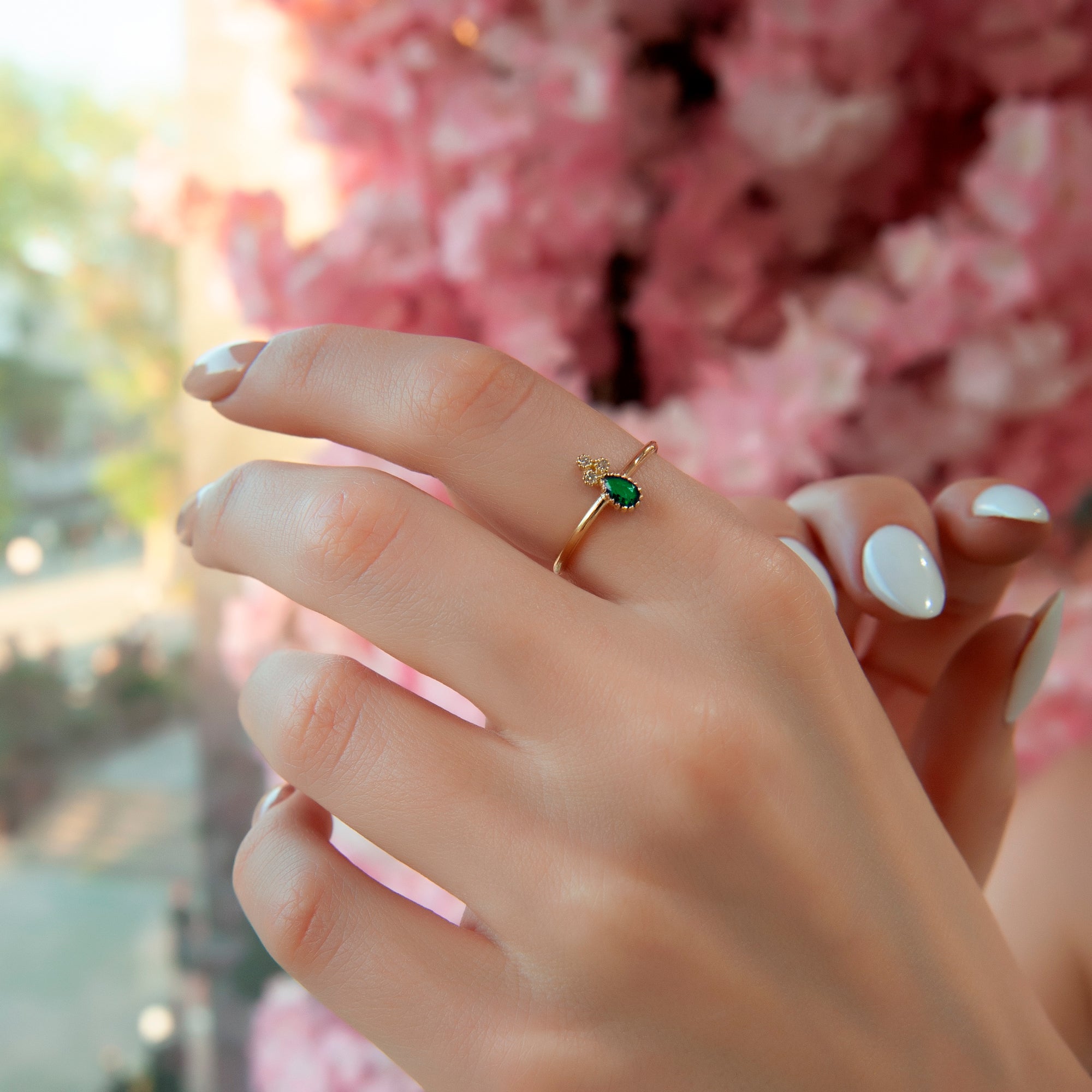 14K Gold Teardrop Emerald Ring, Diamond Trio Accent Ring