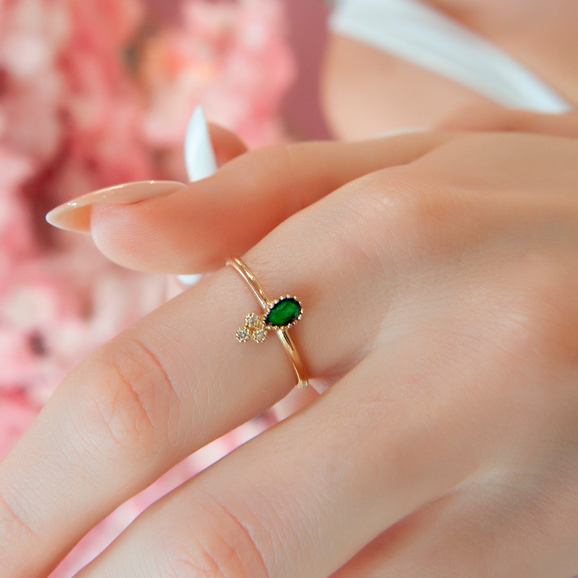 14K Gold Teardrop Emerald Ring, Diamond Trio Accent Ring