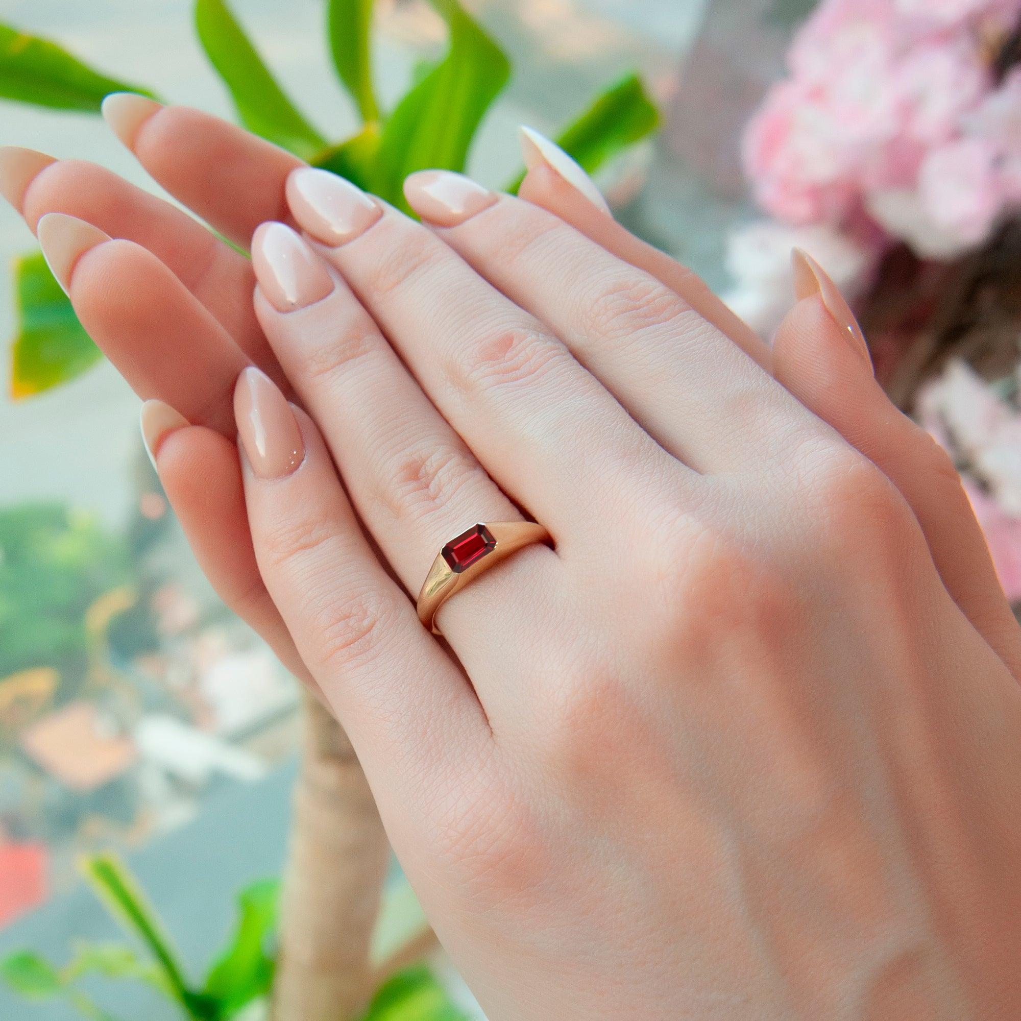 Elegant 14K Gold Ruby Ring, Rectangular Red Gemstone Ring
