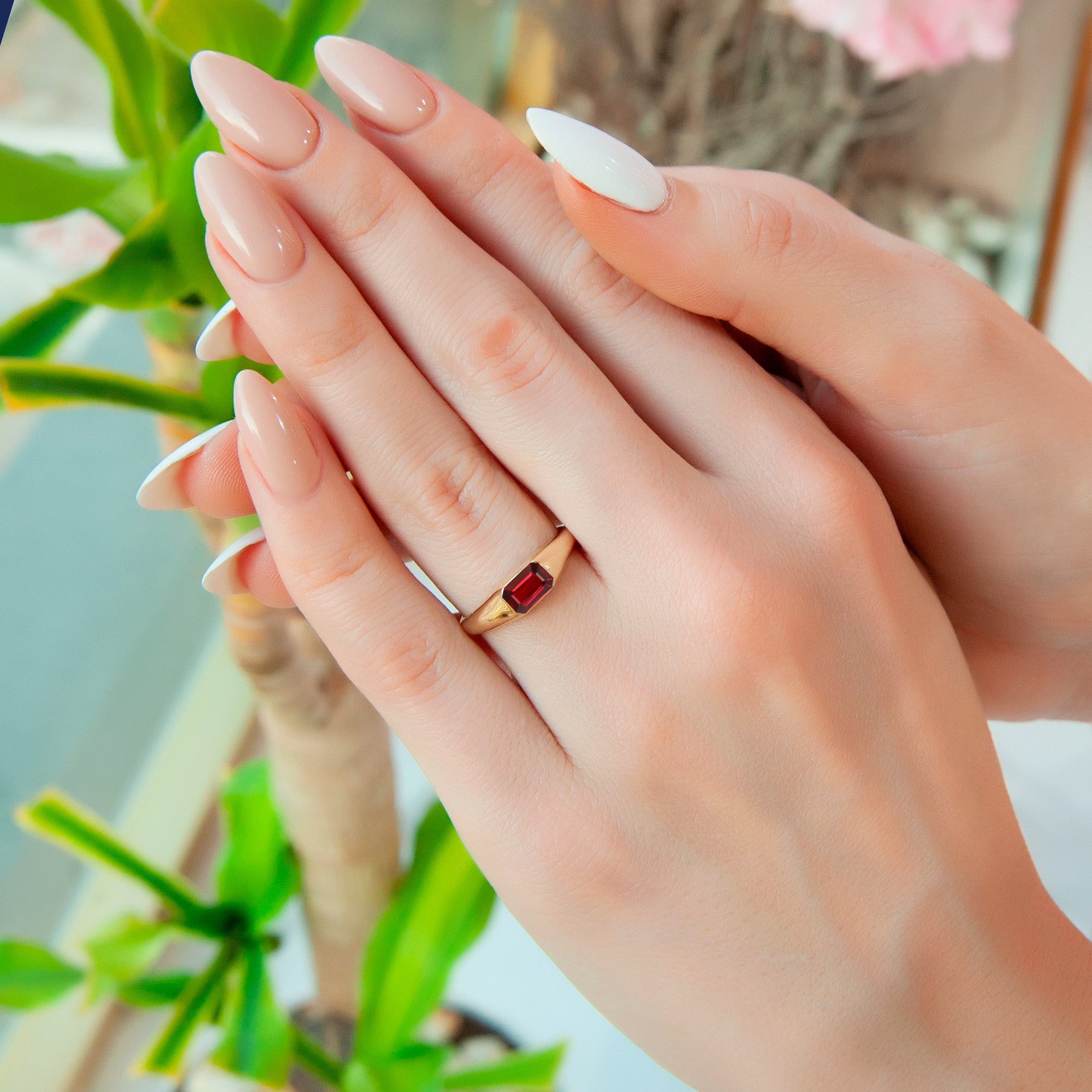 Elegant 14K Gold Ruby Ring, Rectangular Red Gemstone Ring