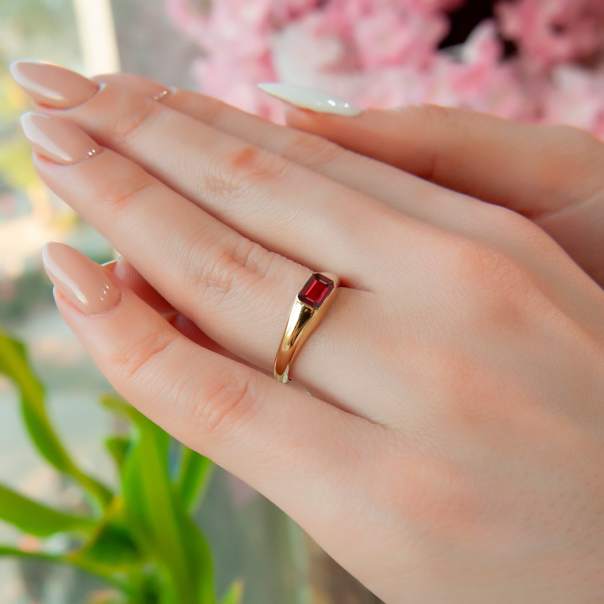 Elegant 14K Gold Ruby Ring, Rectangular Red Gemstone Ring