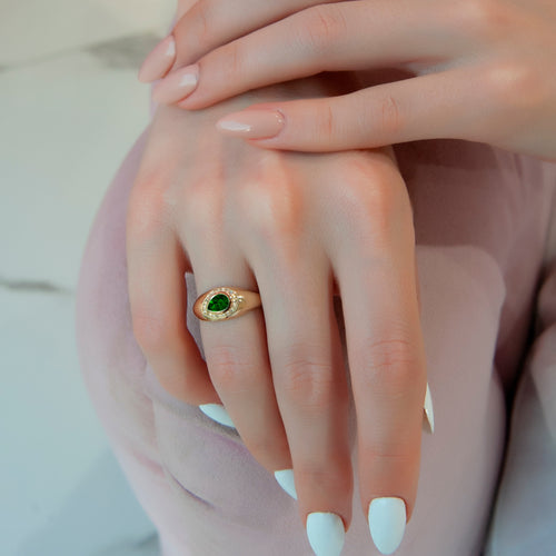 14K Gold Teardrop Emerald Ring with Diamond Halo