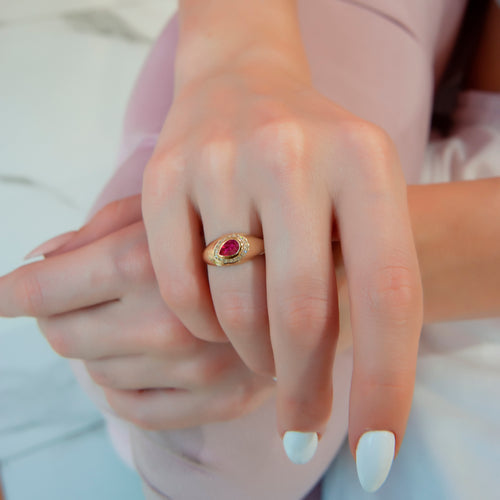 14K Gold Teardrop Ruby Ring with Diamond Halo