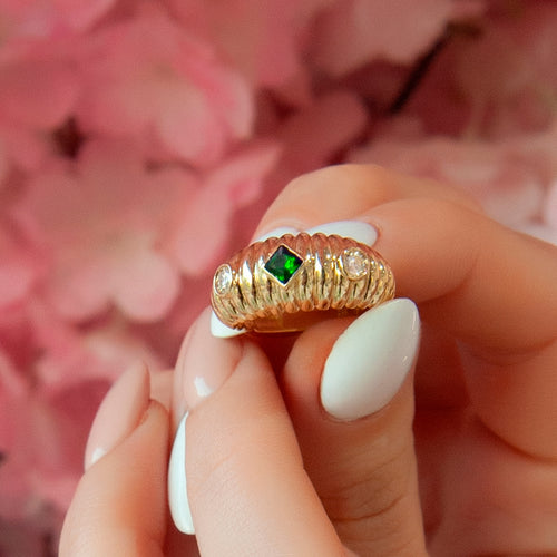 14K Gold Emerald and Diamond Ring with Beaded Band