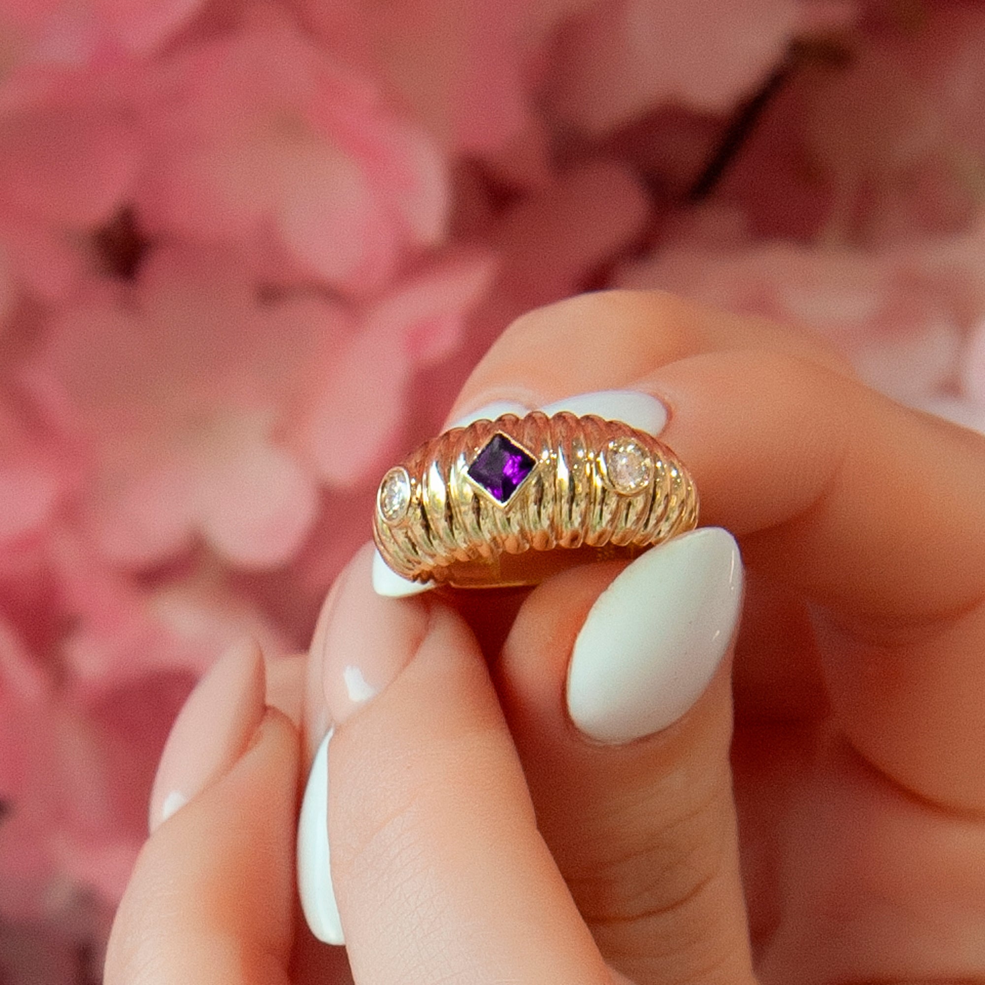 14K Gold Ring Amethyst Diamond Ring