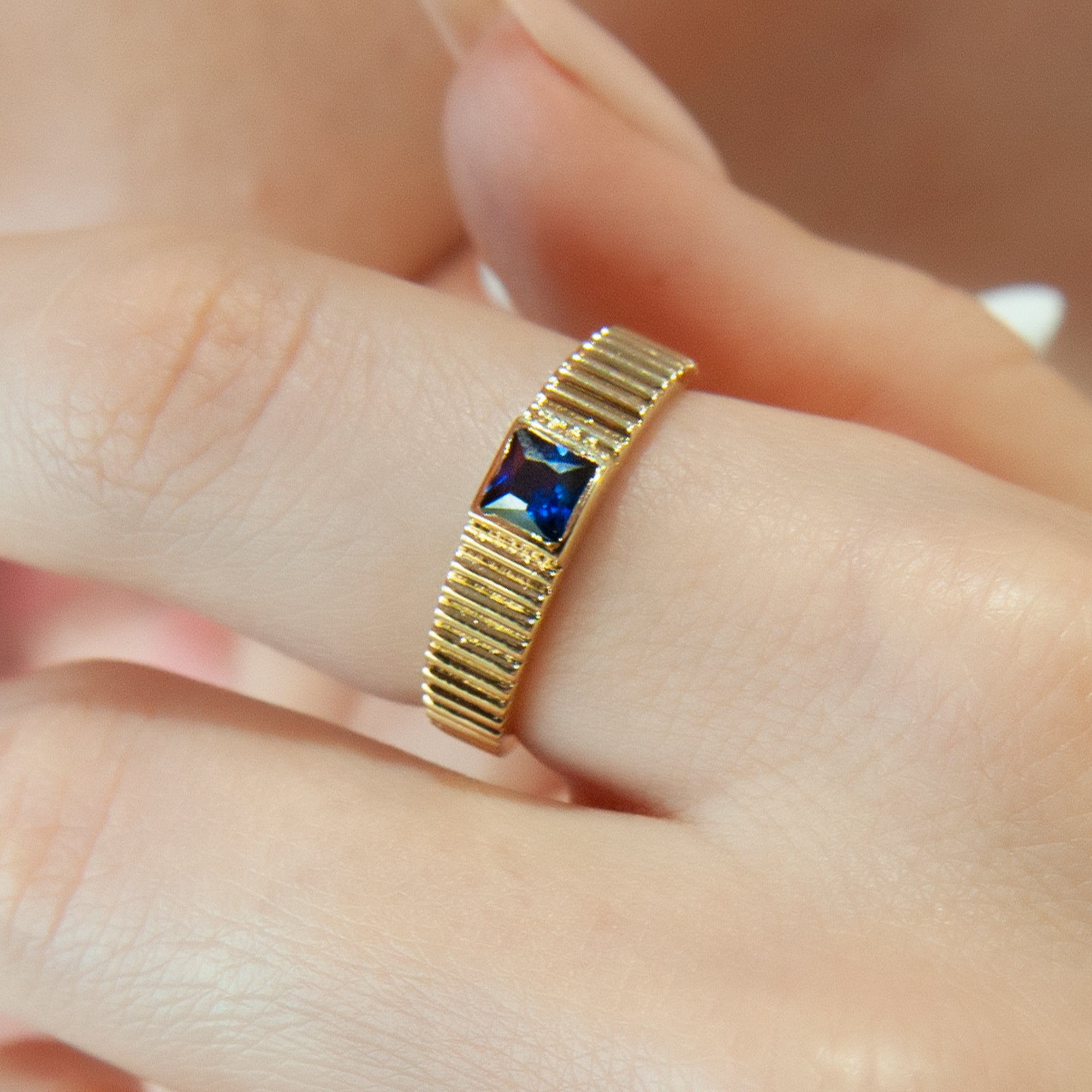 14K Gold Natural Sapphire Square Band Ring
