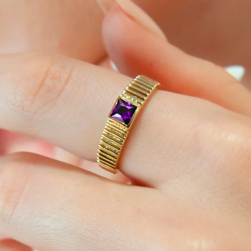 Amethyst Gold Ring with Princess Cut Purple Amethyst