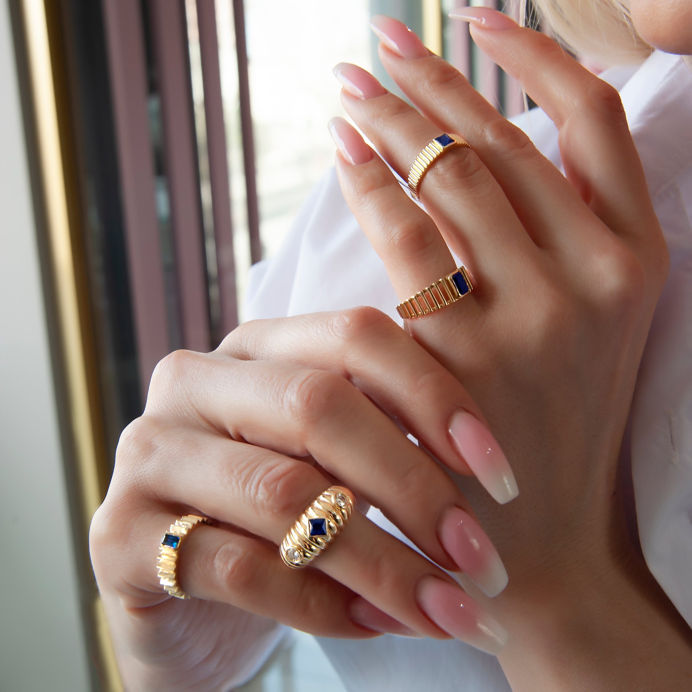 14K Gold Sapphire Step Edge Ring