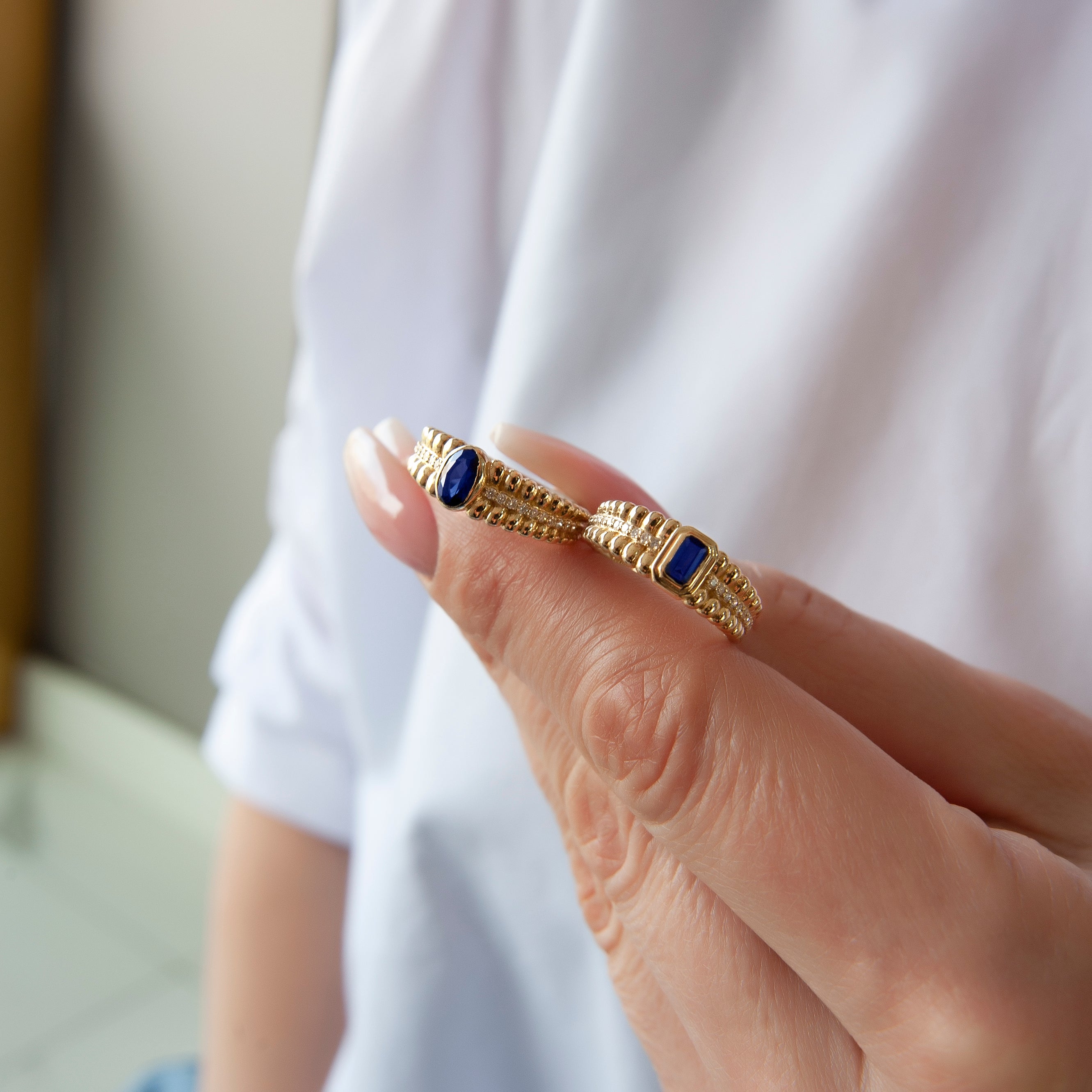 14K Gold Natural Sapphire Beaded Ring