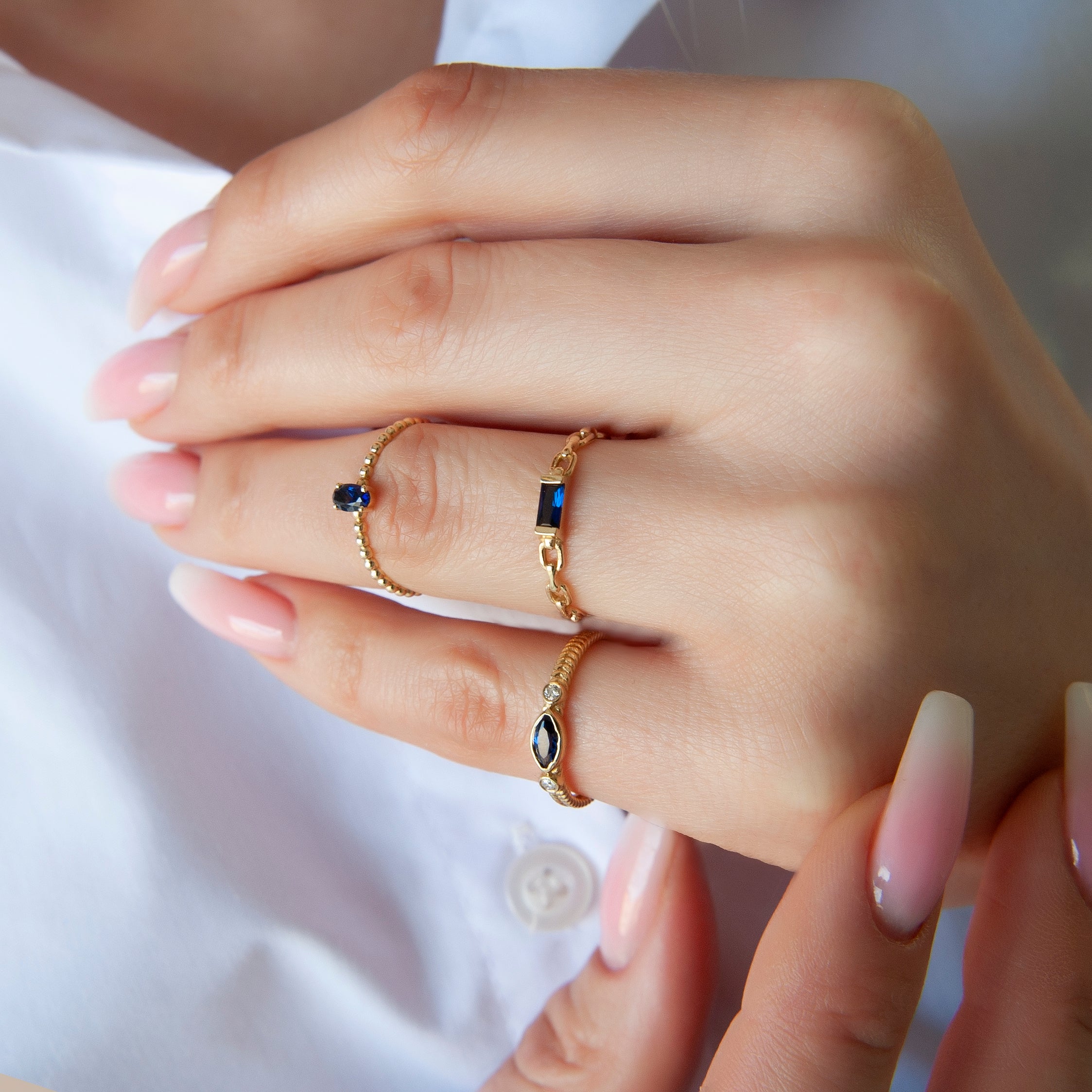 14K Gold Baguette Cut Diamond Sapphire Curb Chain Ring