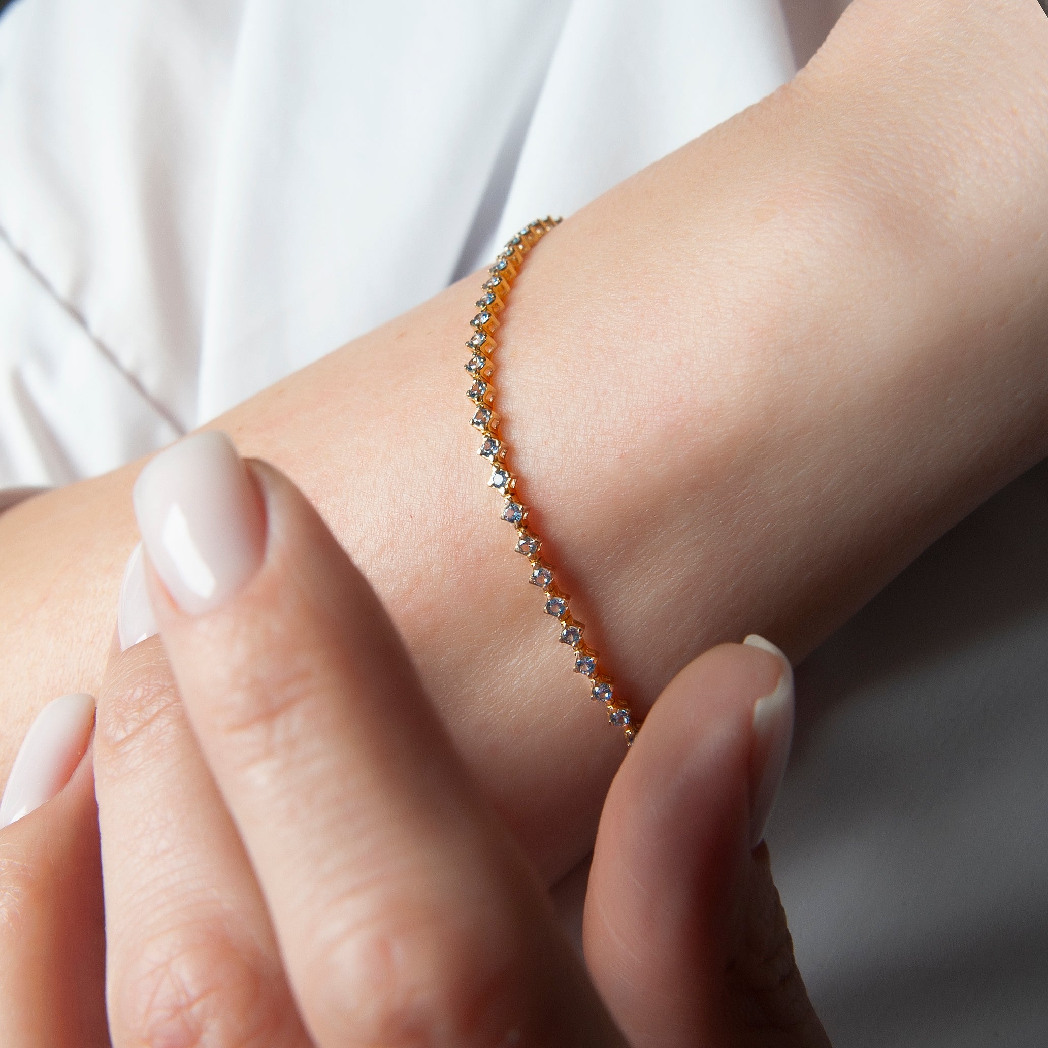 14K Solid Gold Aquamarine Tennis Bracelet / Delicate Waterway Design