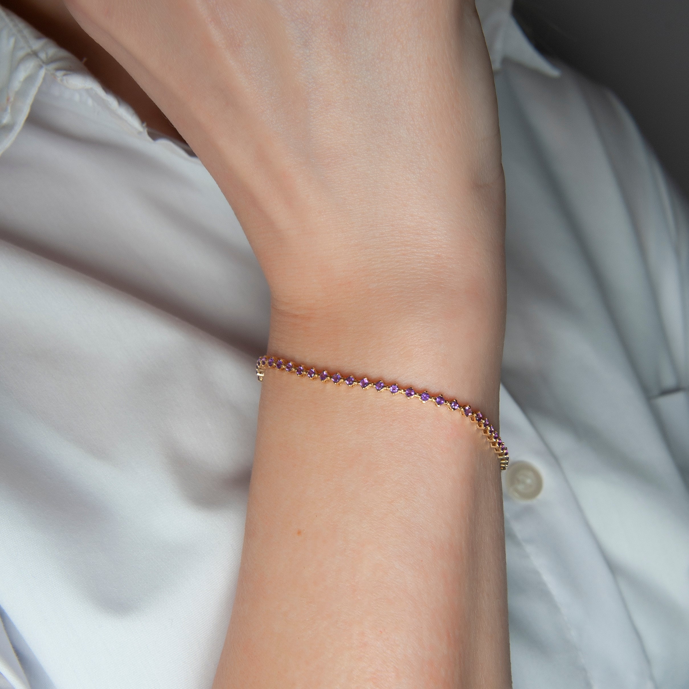 14K Solid Gold Amethyst Tennis Bracelet / February Birthstone