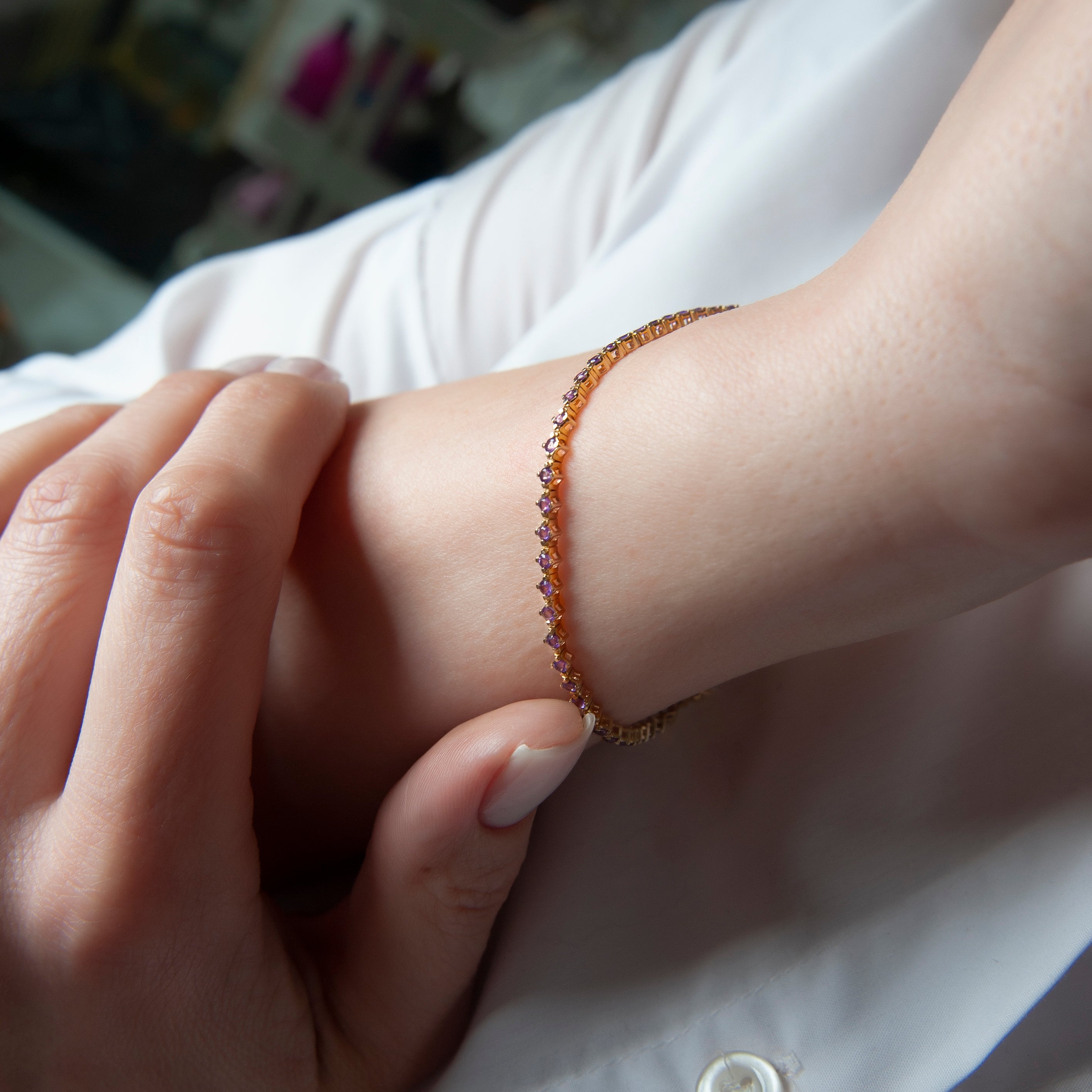 14K Solid Gold Amethyst Tennis Bracelet / February Birthstone