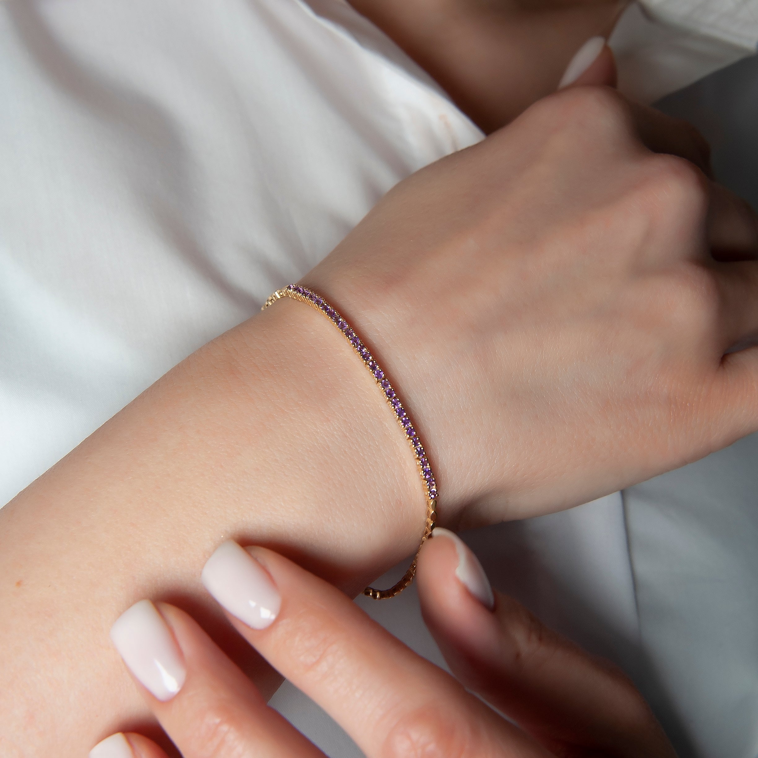 14K Solid Gold Amethyst Tennis Bracelet: Dainty Gemstone Jewelry