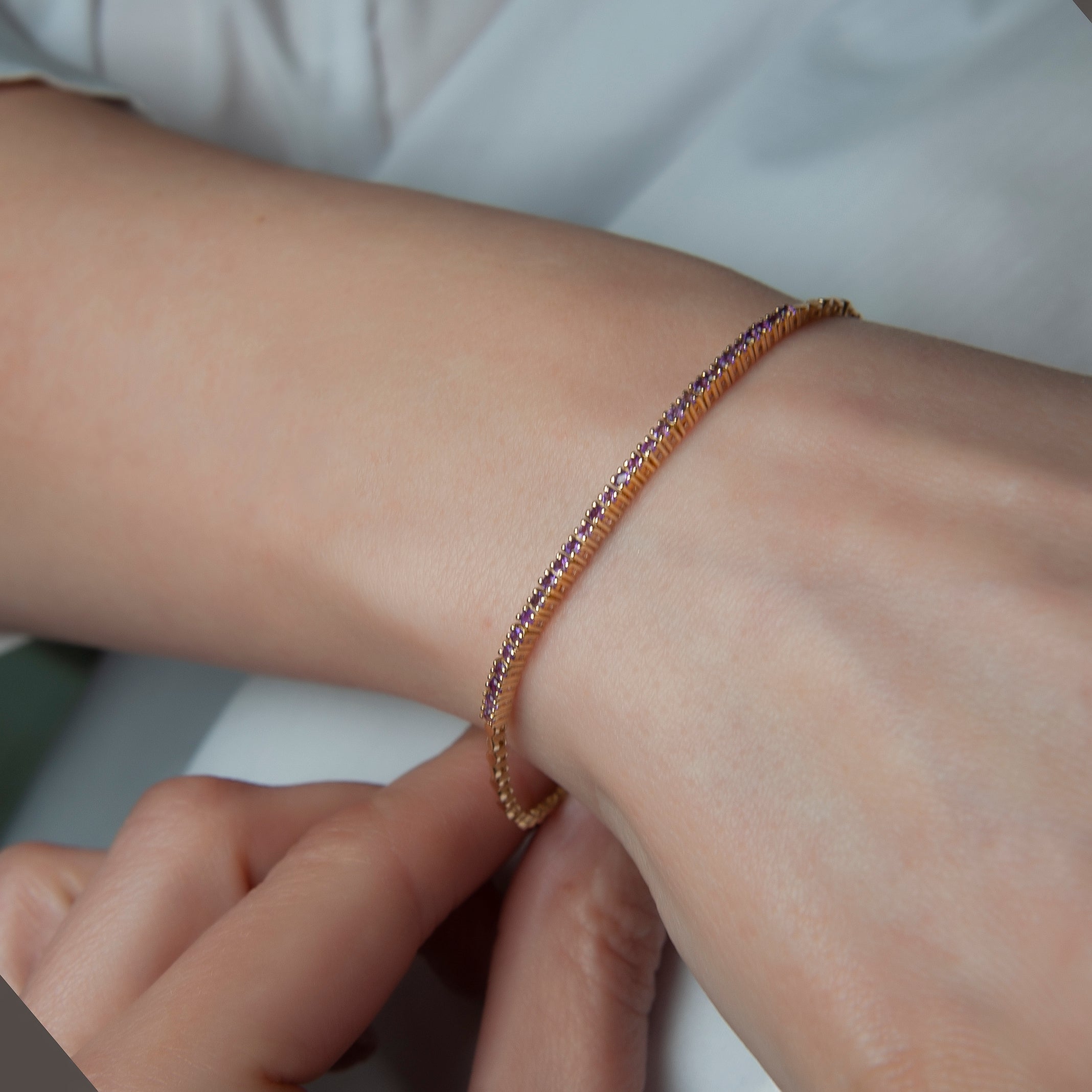 14K Solid Gold Amethyst Tennis Bracelet: Dainty Gemstone Jewelry