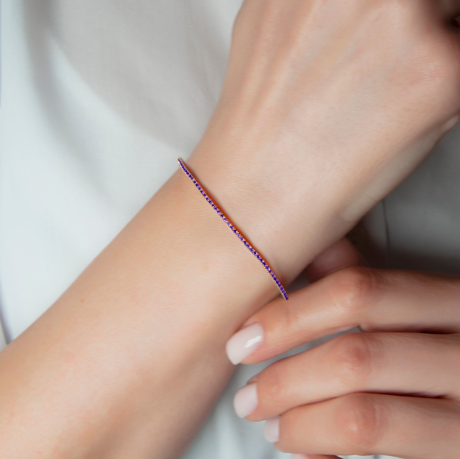 14K Solid Gold Amethyst Tennis Bracelet / Purple Gemstone Line Bracelet