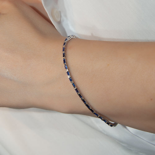 14K Gold Sapphire Baguette Tennis Bracelet / Solid Gold Blue Gemstone Line Bracelet