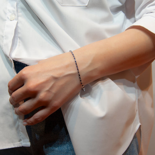 14K Gold Sapphire Baguette Tennis Bracelet / Solid Gold Blue Gemstone Line Bracelet