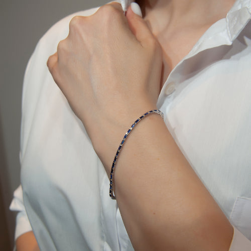 14K Gold Sapphire Baguette Tennis Bracelet / Solid Gold Blue Gemstone Line Bracelet