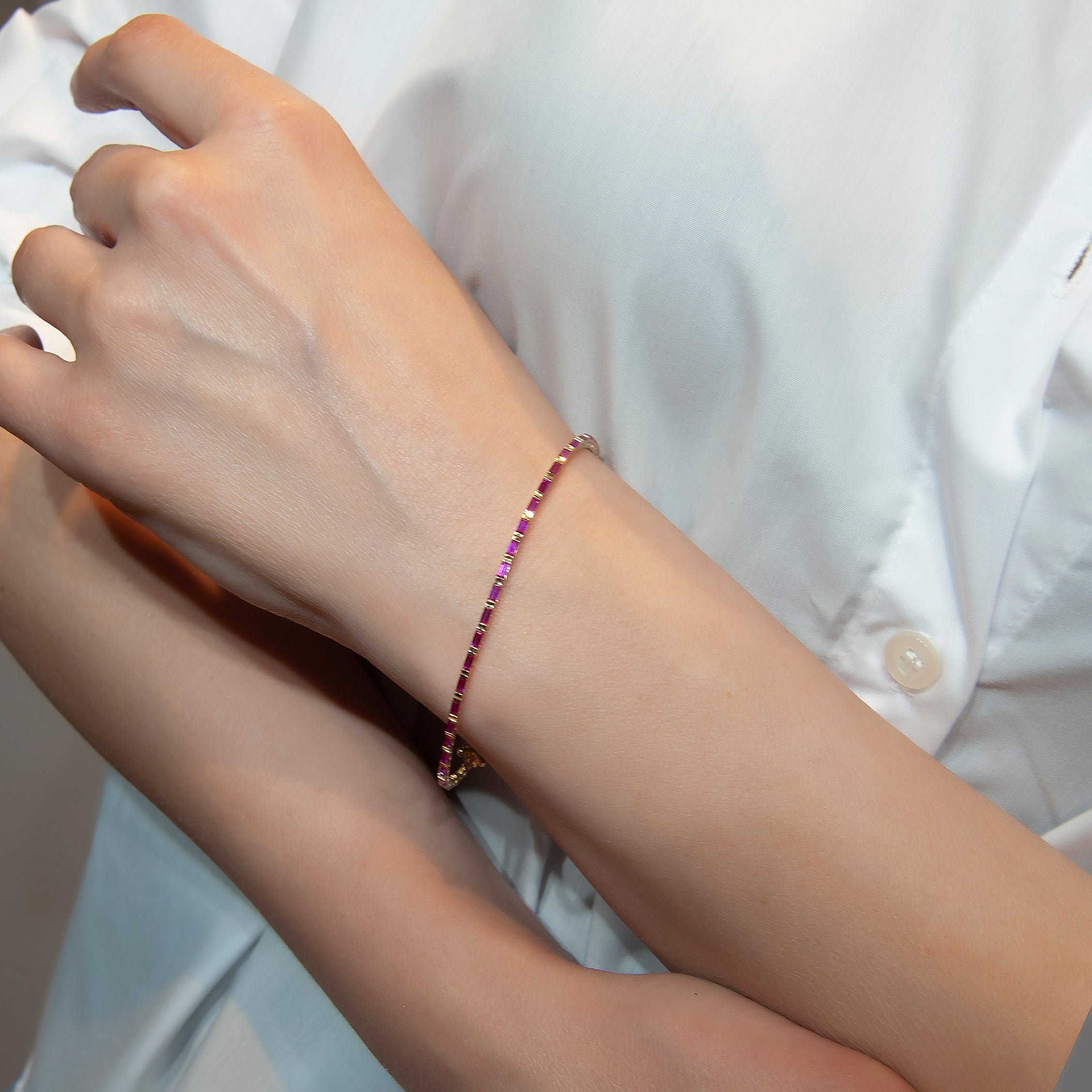 14K Gold Ruby Baguette Tennis Bracelet / Red Gemstone Line Bracelet