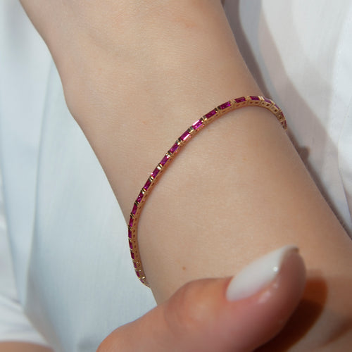14k Gold Ruby Baguette Tennis Bracelet / Red Gemstone Line Bracelet