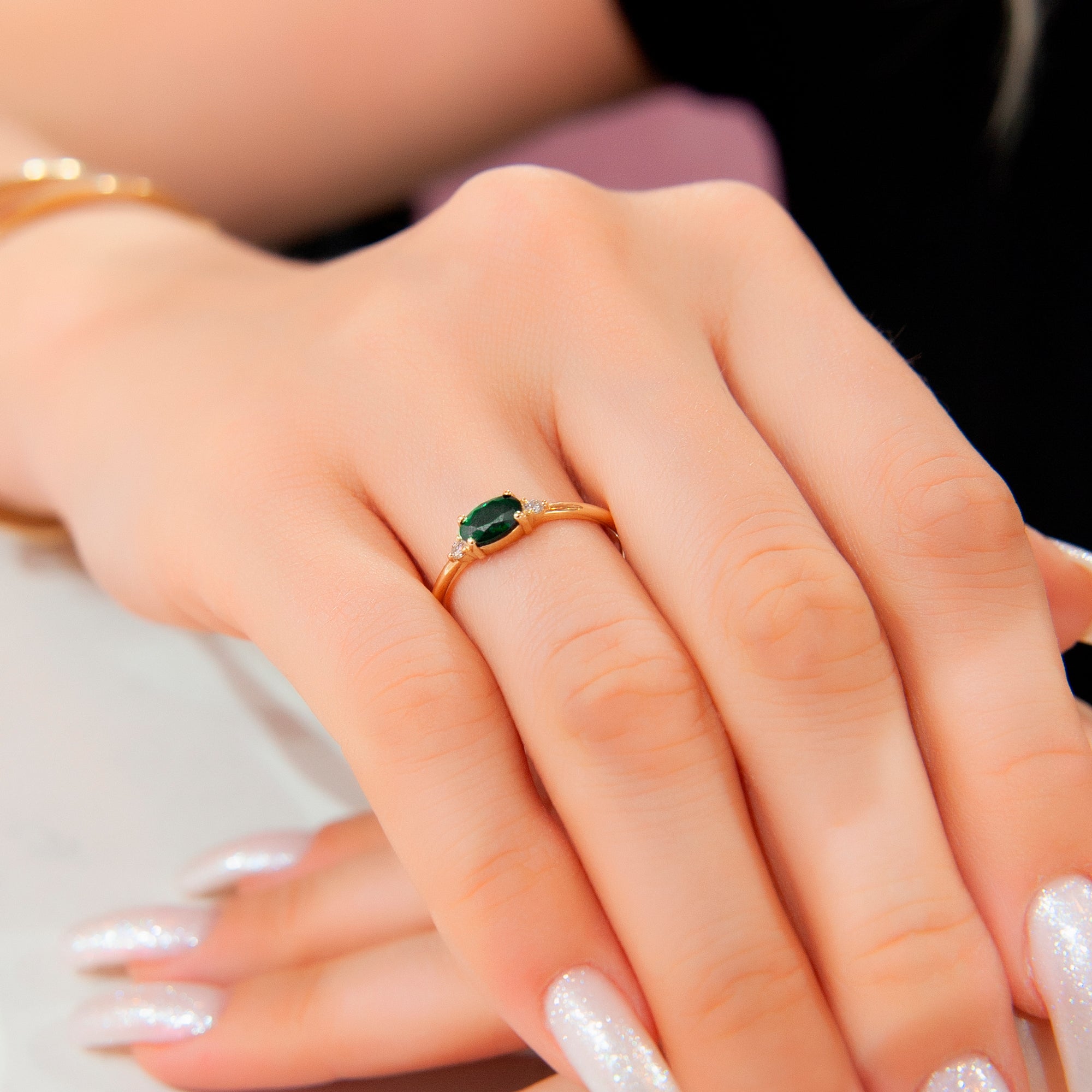 14K Solid Gold Oval Cut Diamond Emerald Ring