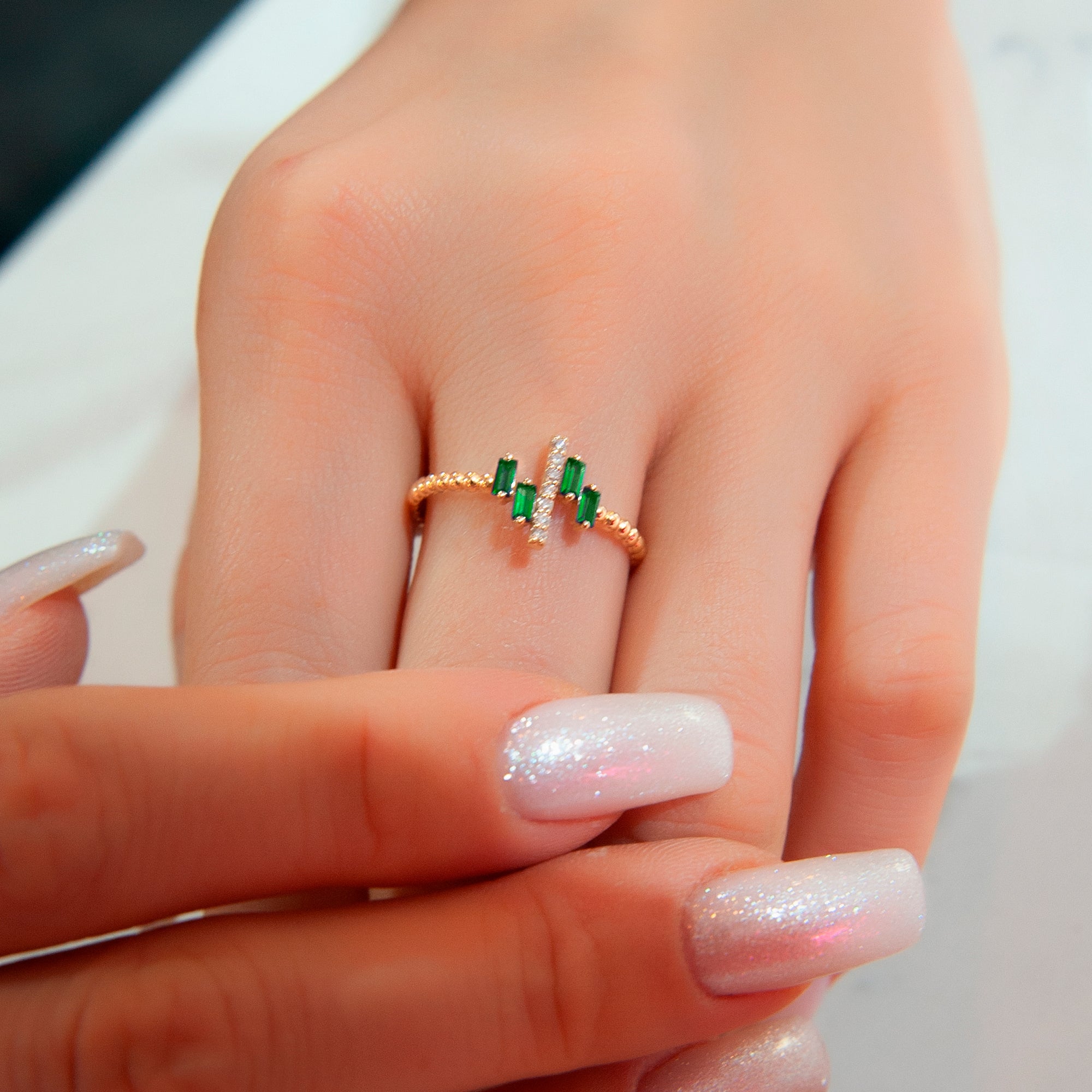 14K Solid Gold Diamond Emerald Statement Ring