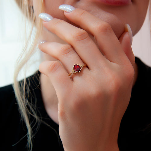 14K Solid Gold Oval Cut Diamond Ruby Ring