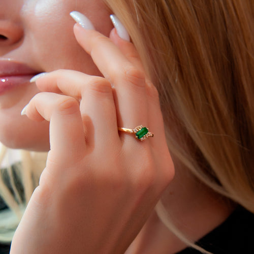 14K Gold Baguette Diamond Emerald Ring