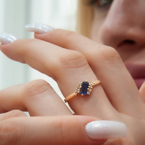 14K Gold Baguette Diamond Sapphire Ring