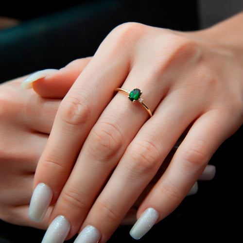 14K Gold Oval Cut Diamond Emerald Ring