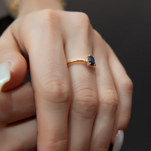 14K Solid Gold Oval Cut Diamond Sapphire Ring