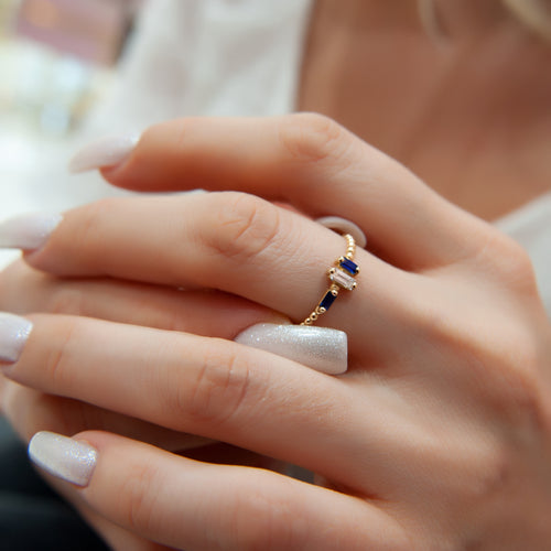 14K Gold Baguette Diamond Sapphire Ring