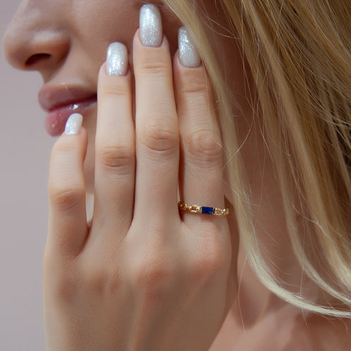 14K Gold Baguette Cut Diamond Sapphire Curb Chain Ring