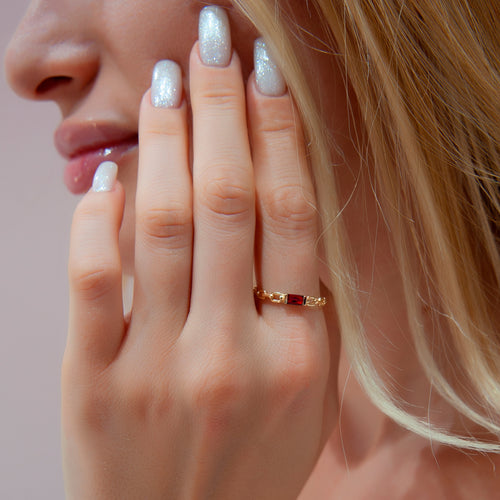 14K Gold Baguette Cut Diamond Ruby Curb Chain Ring