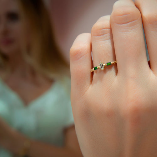 14K Gold Baguette Cut Three Stone Diamond Emerald Ring