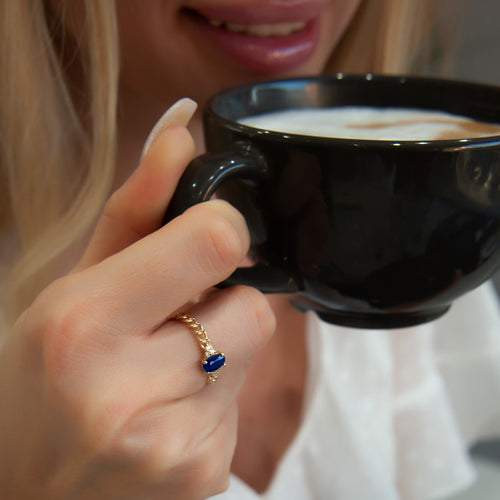 14K Solid Gold Diamond Sapphire Curb Chain Ring