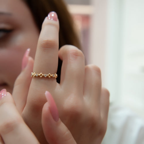 14K Solid Gold Diamond Beaded Ring