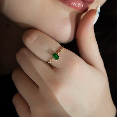 14K Diamond Octagon Cut Green Emerald Ring