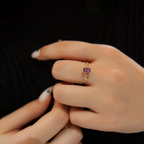 Octagon Cut Amethyst Ring, 14K Solid Gold Ring